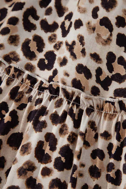 Brown Ruffled Straps Smocked Tiered Leopard Maxi Dress