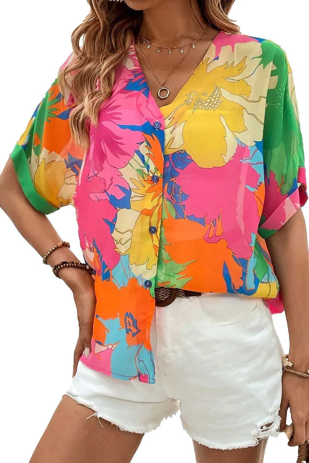 Multicolour Floral Print Folded Short Sleeve Shirt - Chic Meadow Boutique 