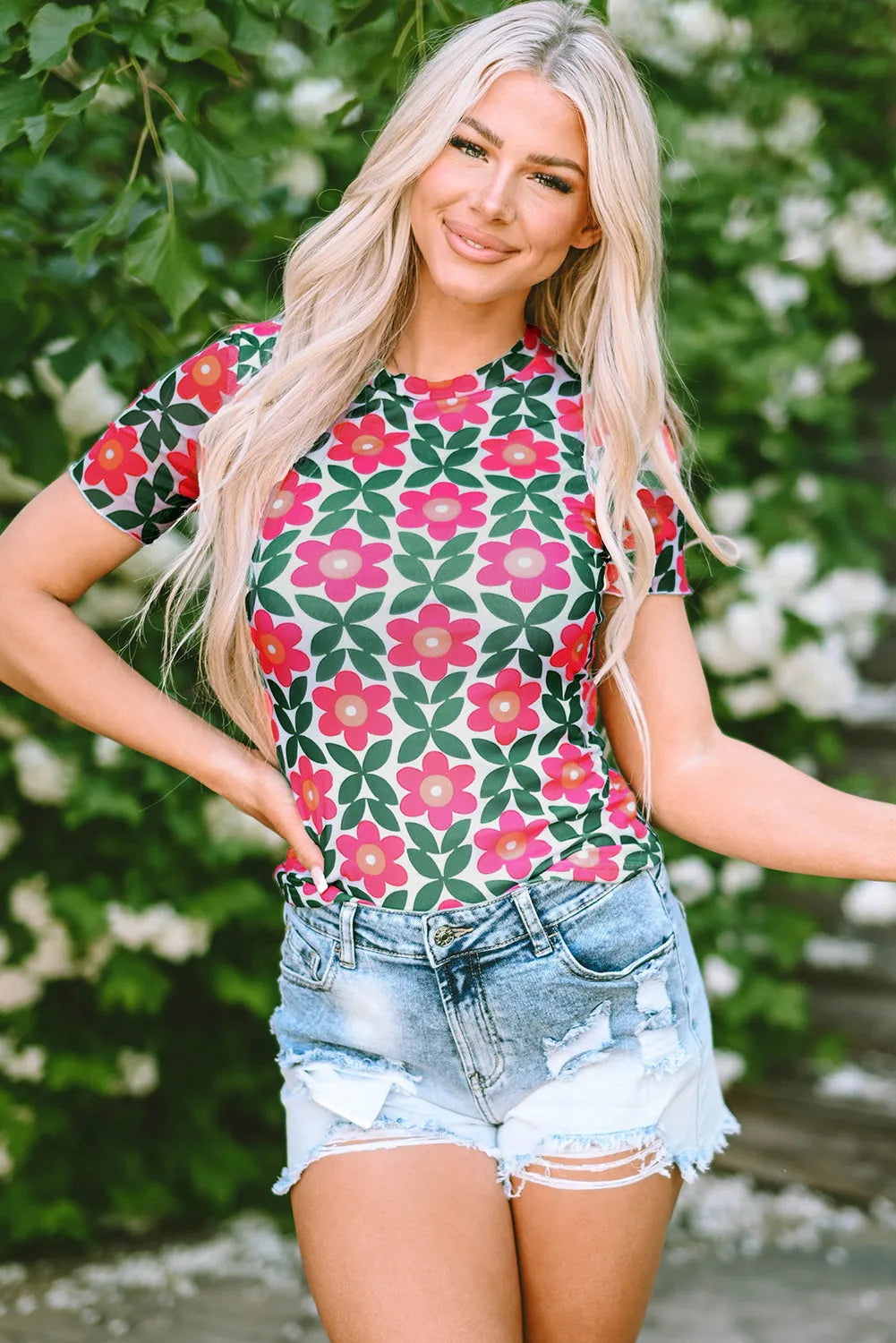 Fiery Red Retro Floral Print Crew Neck T Shirt - Chic Meadow Boutique 