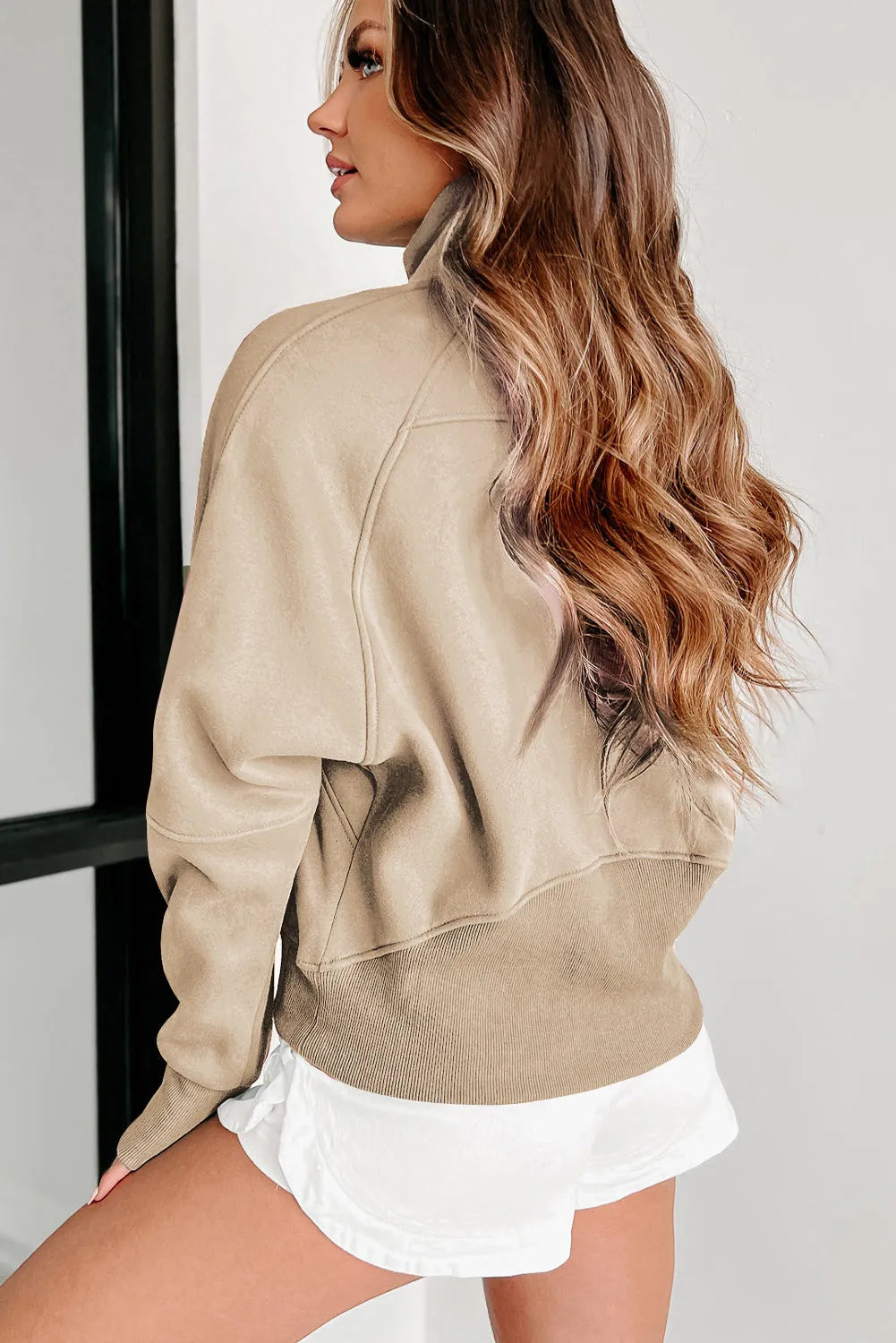 Parchment Fleece Lined Zip Up Stand Collar Thumbhole Sleeve Sweatshirt - Chic Meadow Boutique 