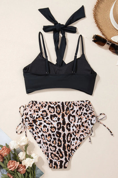 Black Crossed Tie Back Leopard Bikini Swimsuit - Chic Meadow Boutique 