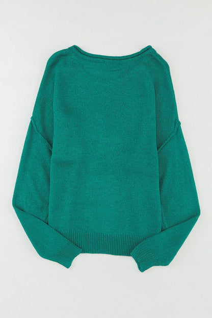 Green Solid Color Off Shoulder Rib Knit Sweater with Pocket - Chic Meadow Boutique 