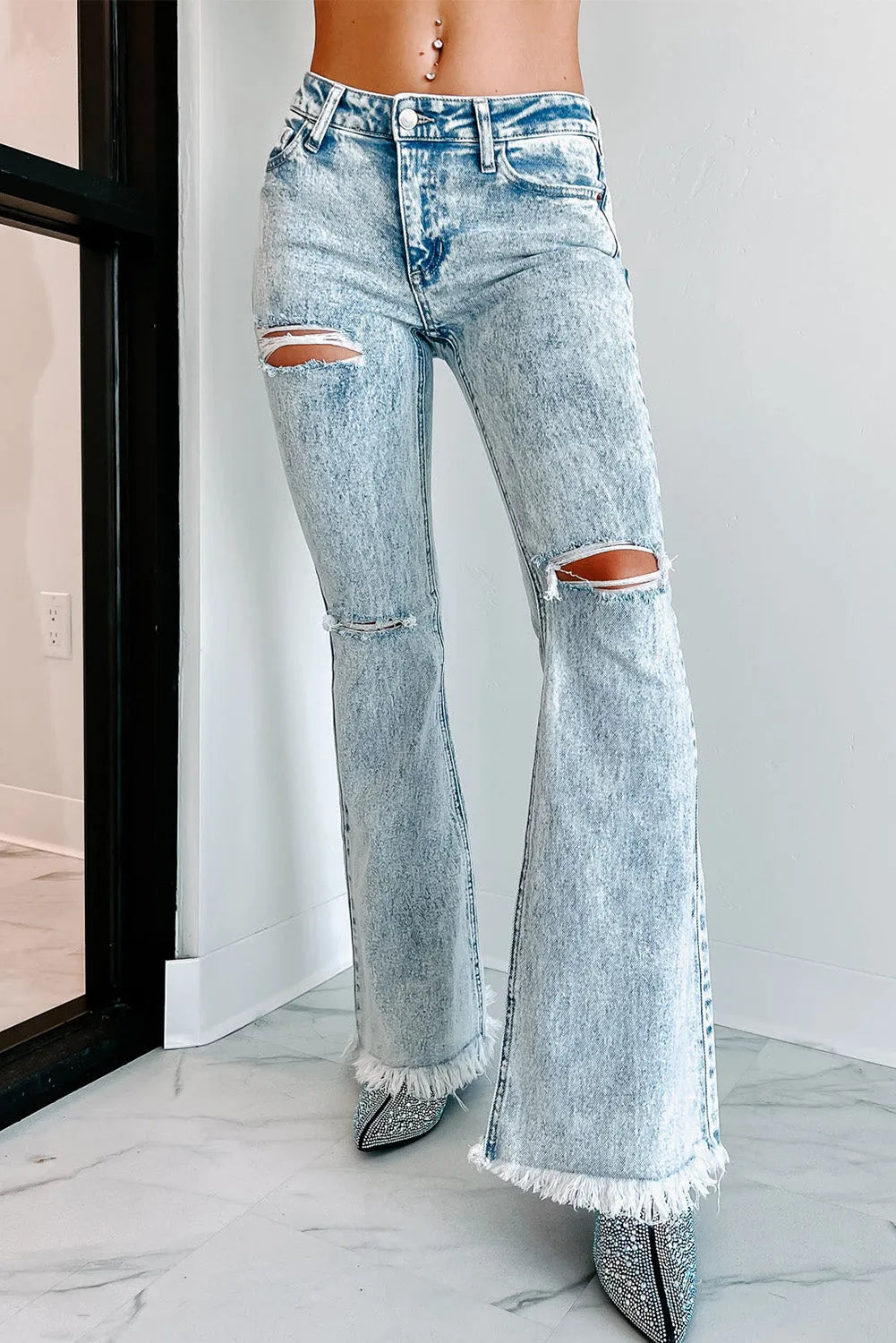 Sky Blue Distressed Acid Wash Flare Jeans - Chic Meadow Boutique 