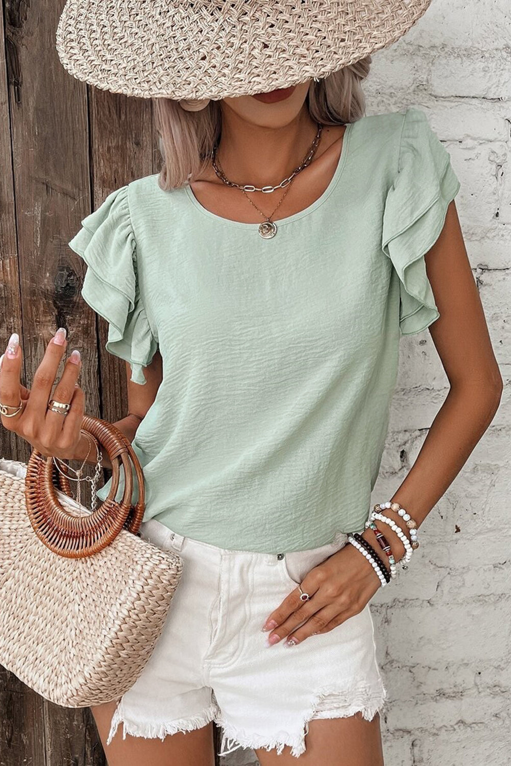 Clearly Aqua Solid Color Ruffled Short Sleeve Casual Blouse