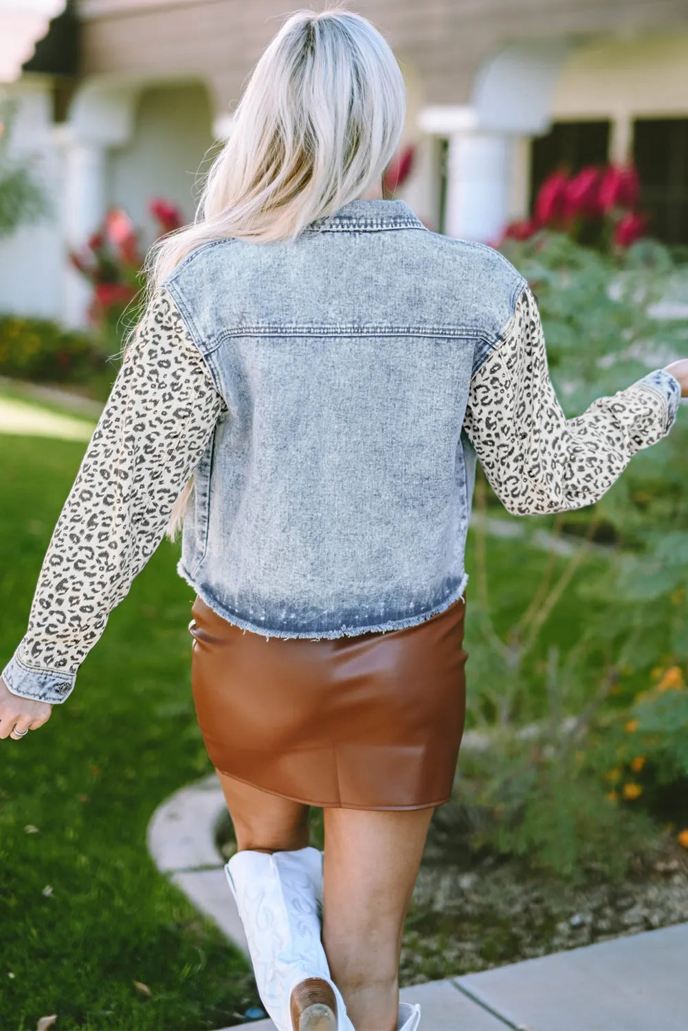 Sky Blue Leopard Patchwork Washed Distressed Denim Jacket - Chic Meadow Boutique 