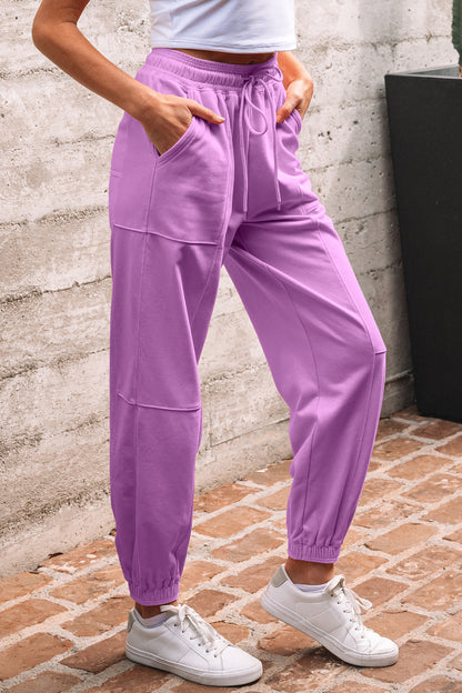 Lilac Drawstring Waist Patchwork Solid Color Jogger Pants