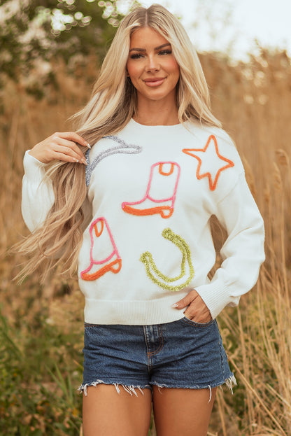 White Tinsel Western Boots Horseshoe Star Knit Crew Neck Sweater