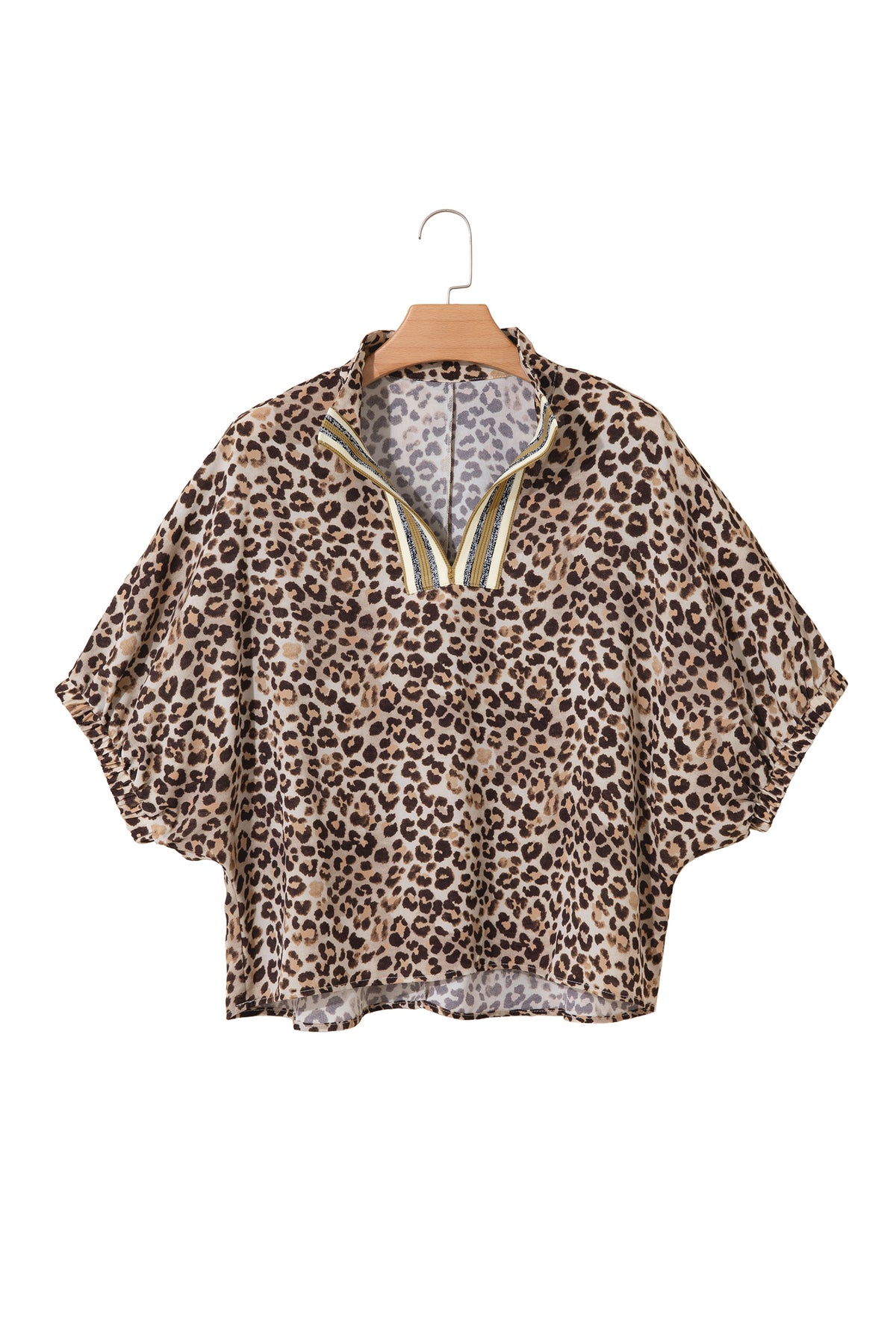 Leopard Contrast Trim V Neck Half Sleeve Western Dolman Blouse