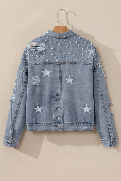 Sky Blue Distressed Pearls Star Cropped Denim Jacket - Chic Meadow Boutique 