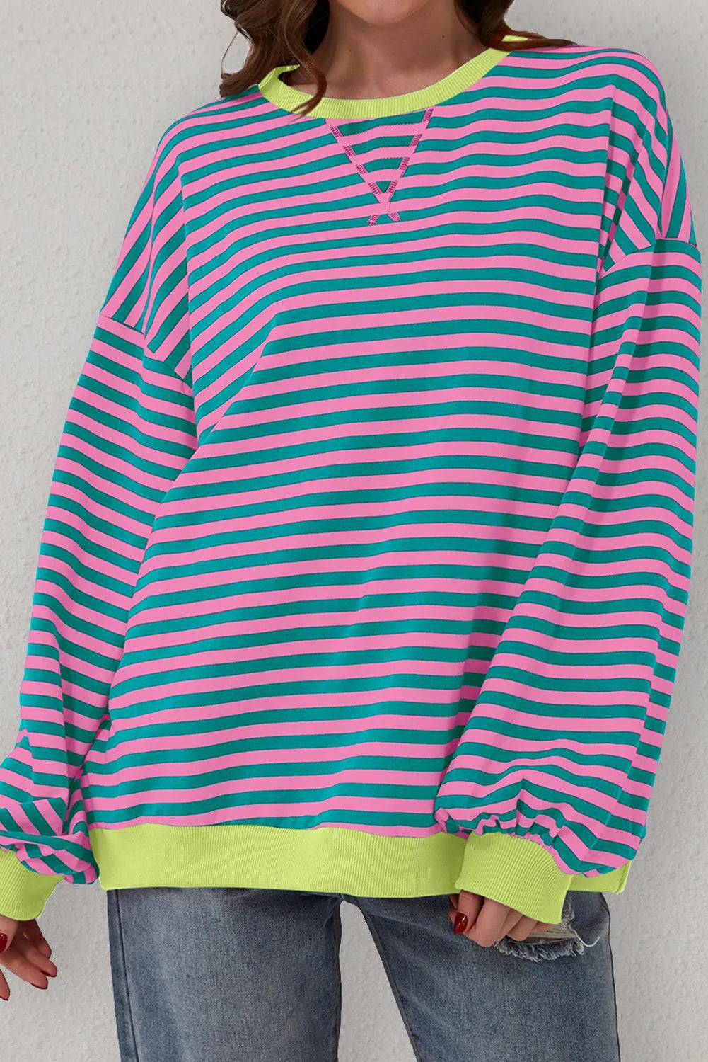 Green Stripe Oversized Contrast Trim Pullover Sweatshirt - Chic Meadow Boutique 