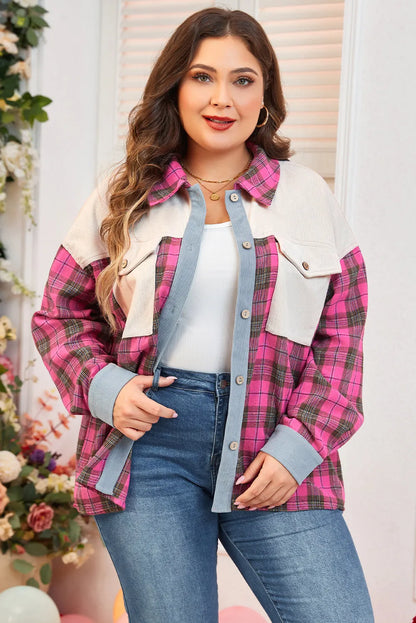 Red Plaid Print Waffle Knit Patchwork Plus Size Shirt - Chic Meadow Boutique 