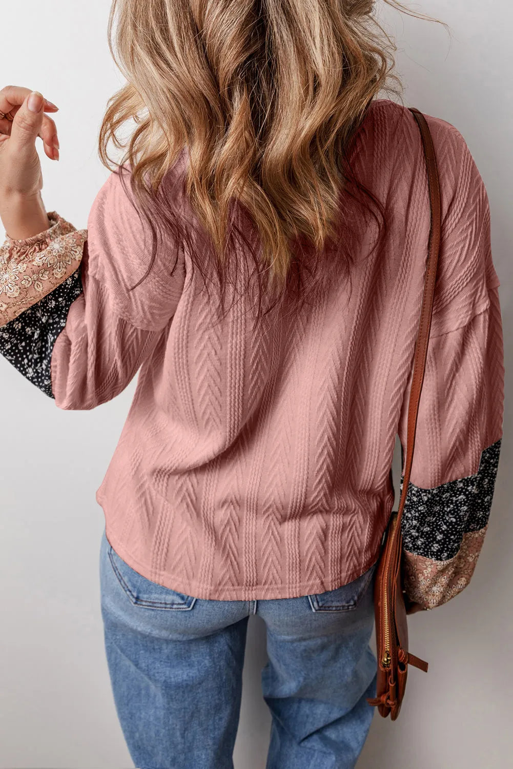 Dusty Pink Floral Patchwork Textured Knit Drawstring V Neck Blouse - Chic Meadow Boutique 