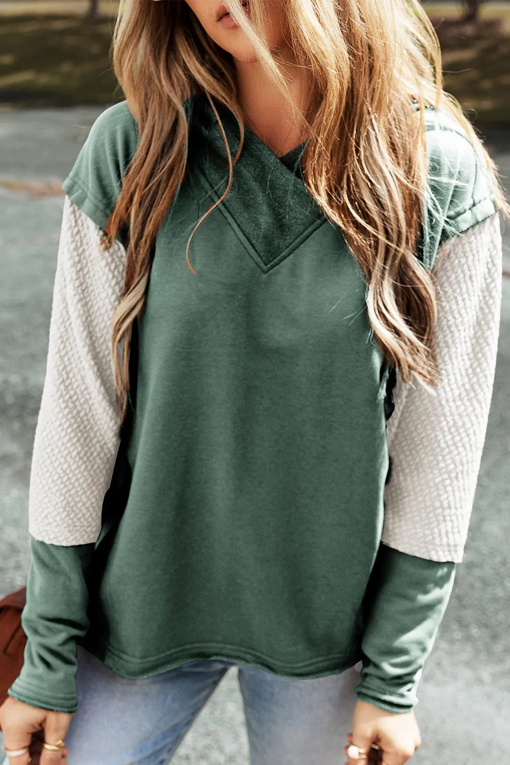 Mist Green Contrast Sleeves Patchwork Colorblock Hoodie - Chic Meadow Boutique 