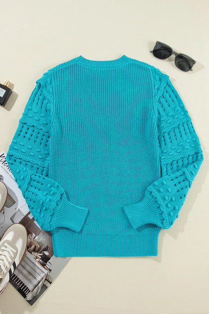 Turquoise Ruffled Eyelet Bubble Sleeve Sweater - Chic Meadow Boutique 