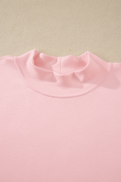 Light Pink Solid Color Exposed Seam Mock Neck Oversize Tee Casual Shorts 2pcs Outfit