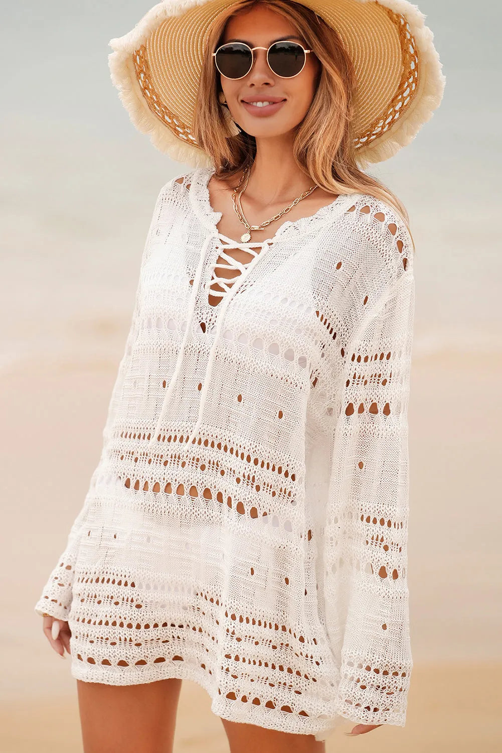 White Lace-up V Neck Hollow Out Knitted Long Sleeve Cover Up - Chic Meadow Boutique 