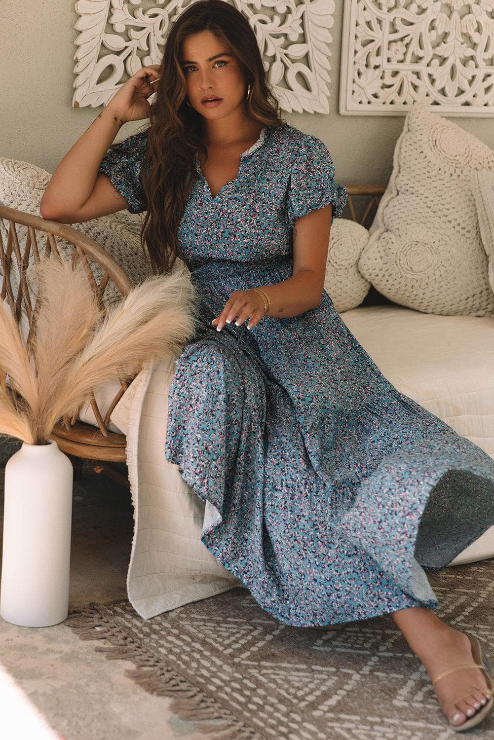 Dresses/Maxi Dresses Blue Printed V Neck Shirred Short Puff Sleeve Maxi Dress