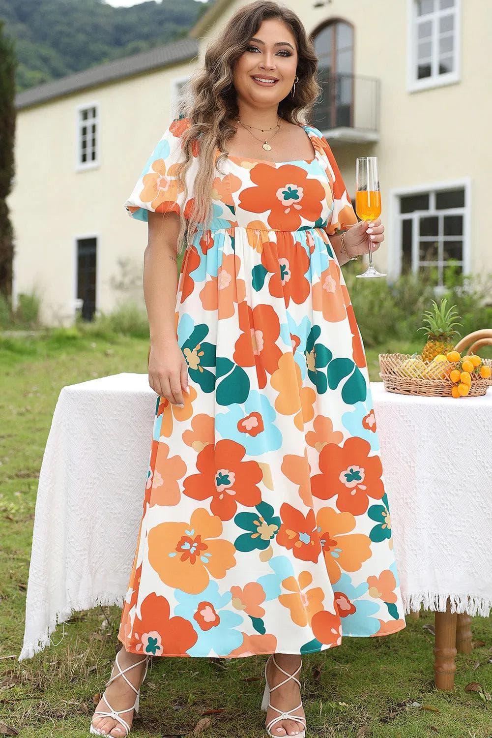 Plus Size/Plus Size Dresses/Plus Size Maxi Dresses Orange Plus Size Flower Print Shirred Square Neck Maxi Dress