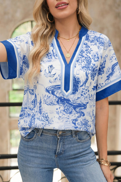 Blue Wild Animal Paradise Contrast V Neck Raglan Sleeve Blouse
