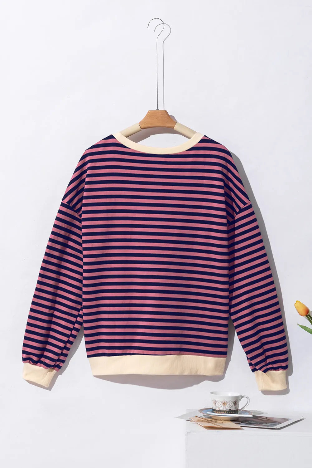 Red Stripe Oversized Contrast Trim Pullover Sweatshirt - Chic Meadow Boutique 