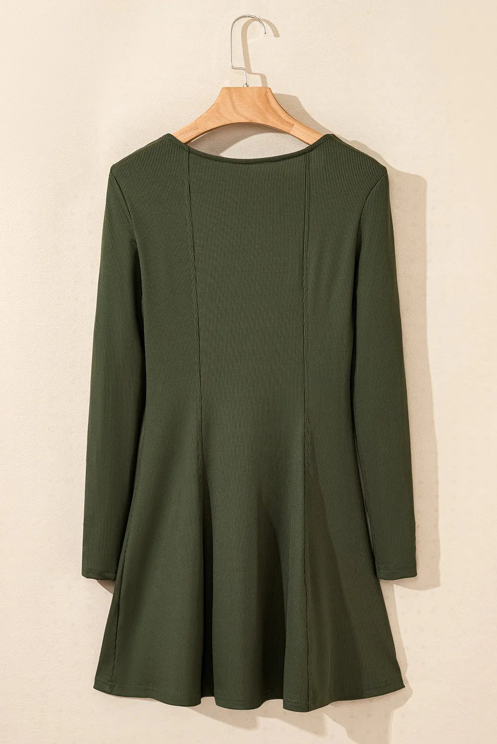 Guacamole Green Rib Knit Square Neck Buttoned Long Sleeve Mini Dress - Chic Meadow Boutique 