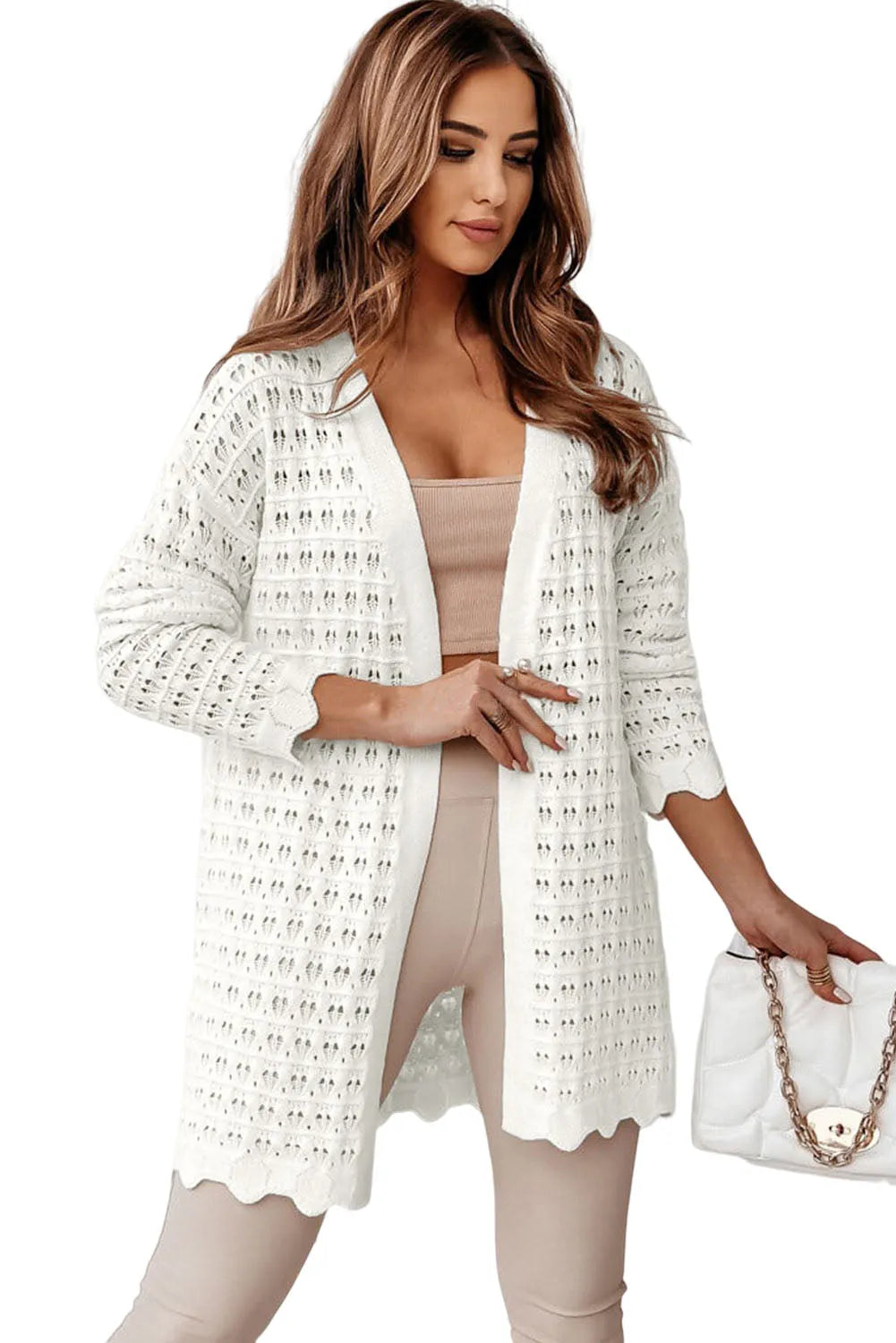 White Wavy Trim Open Knit Long Sleeve Cardigan - Chic Meadow Boutique 