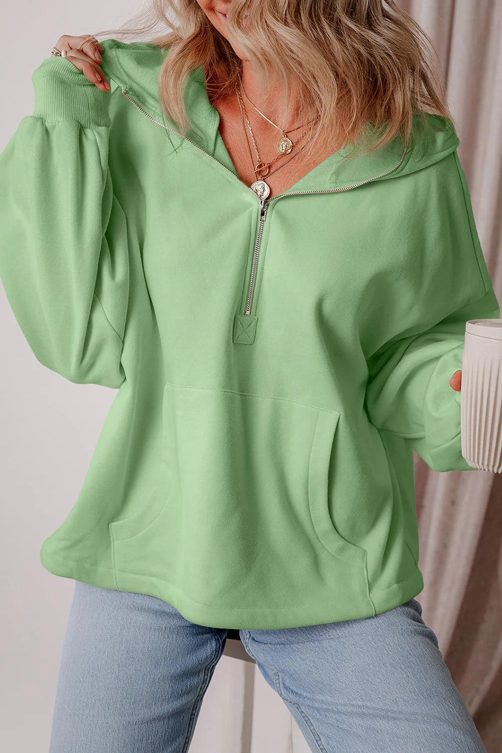 Smoke Green Fleece Lined Half Zipper Kangaroo Pockets Loose Hoodie - Chic Meadow Boutique 