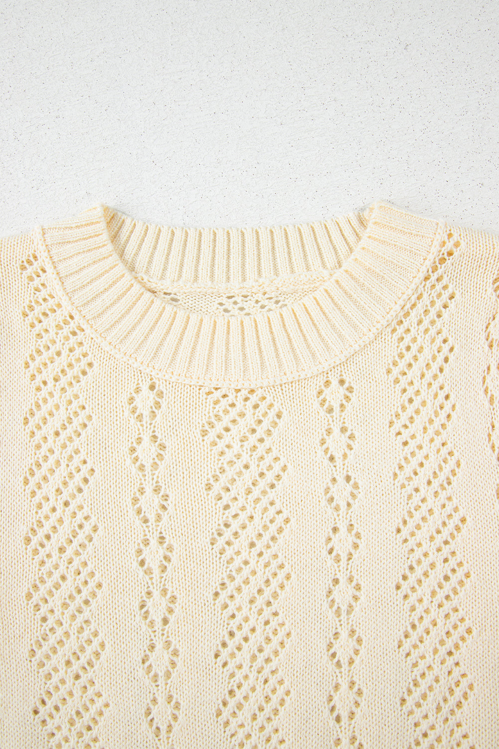 Beige Hollowed Pattern Knit Short Puff Sleeve Sweater