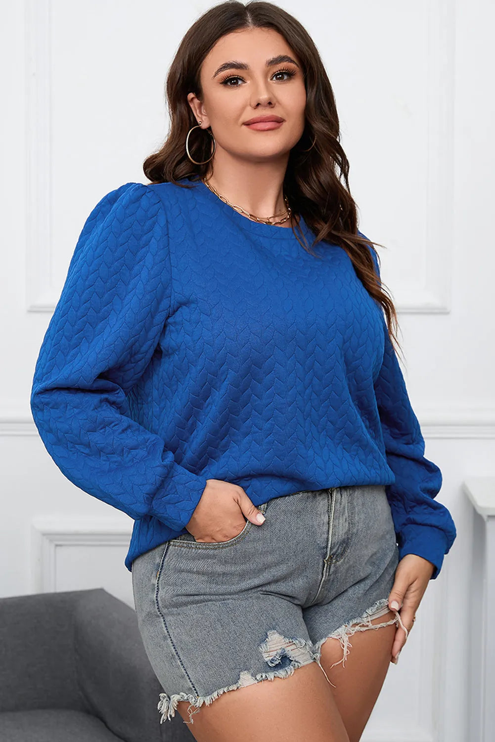 Dark Blue Cable Pattern Puff Sleeve Plus Size Top - Chic Meadow Boutique 