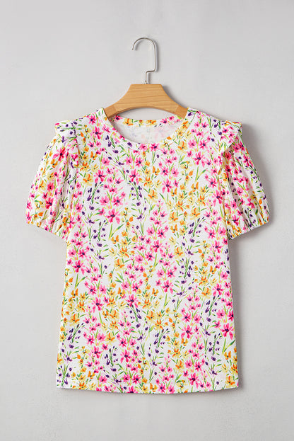 Pink Floral Puff Short Sleeve Crewneck Blouse