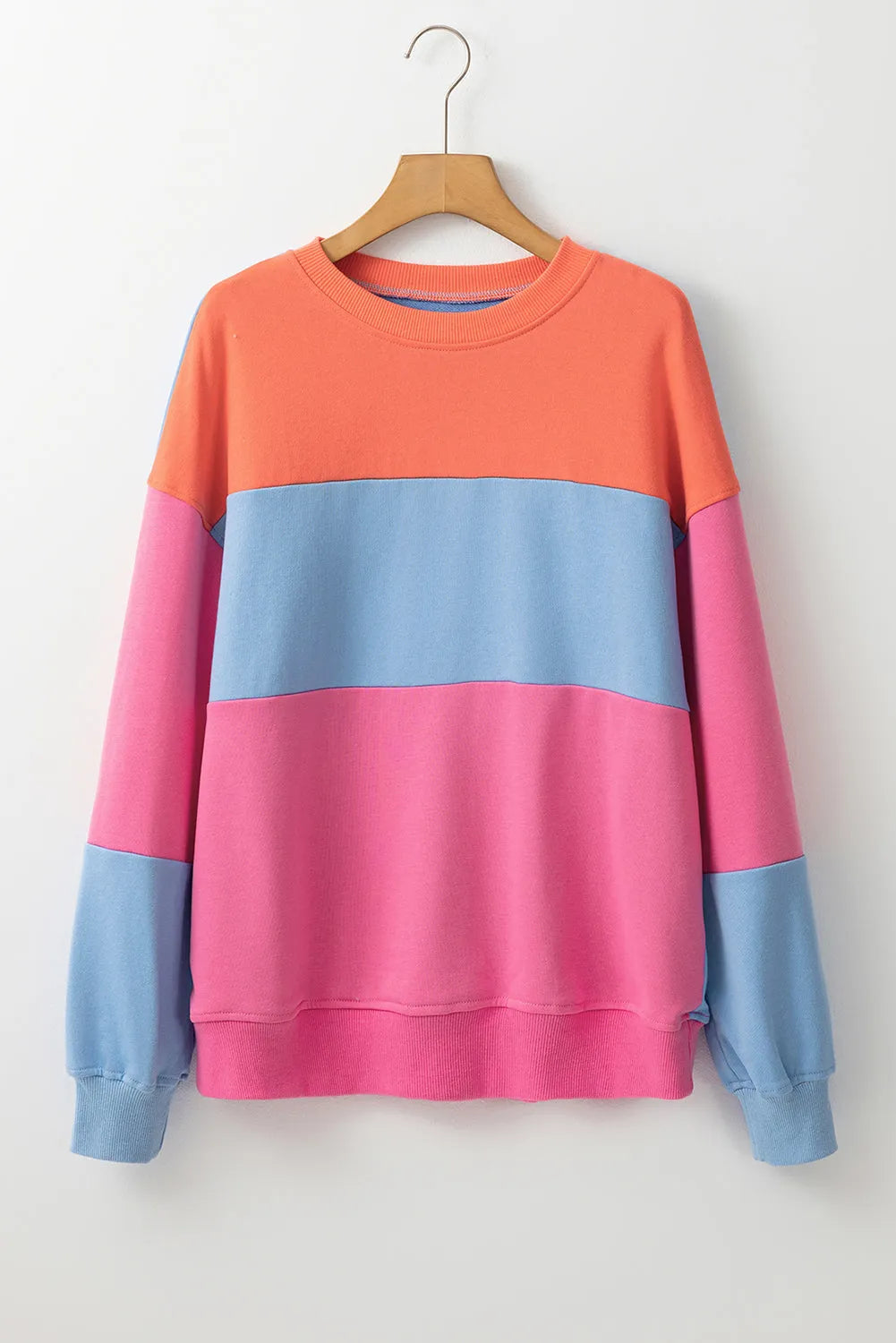 Bright Pink Colorblock Patchwork Drop Shoulder Sweatshirt - Chic Meadow Boutique 