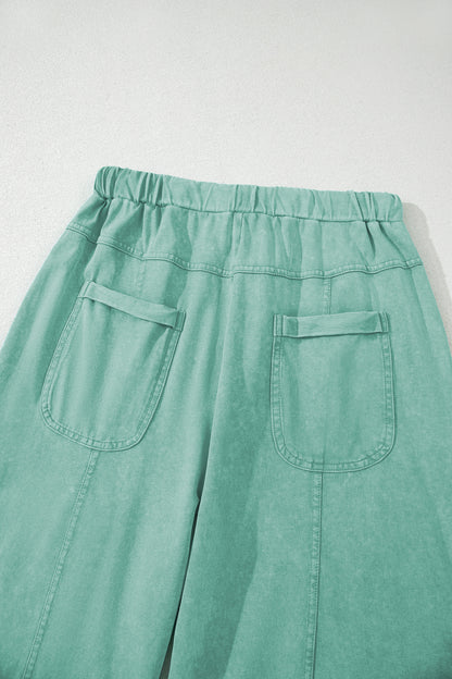 Mint Green Mineral Wash Exposed Seam Drawstring High Waist Wide Leg Cargo Pants