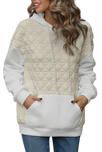 Beige Drop Shoulder Quilted Patchwork Kangaroo Pocket Hoodie - Chic Meadow Boutique 