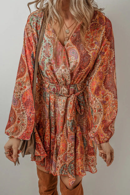 Orange Boho Paisley Print Long Sleeve Pleated Belted Mini Dress - Chic Meadow Boutique 