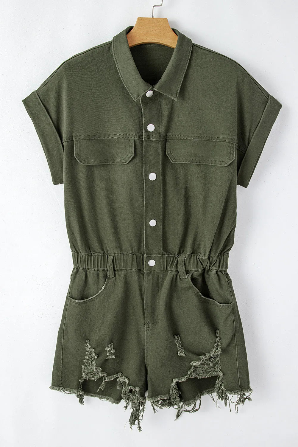 Moss Green Distressed Frayed Denim Romper - Chic Meadow Boutique 