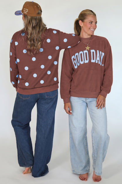 Clay Polka Dot/GOOD DAY Print Reversible Mock Neck Pullover Sweatshirt