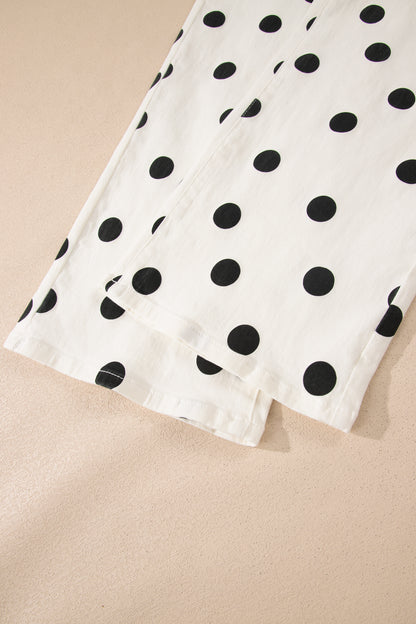 White Polka Dot Print Wide Leg Ankle-Length Jeans