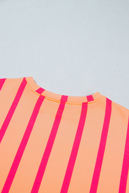 Pink Stripe Dropped Shoulder Round Neck Casual Sweatshirt