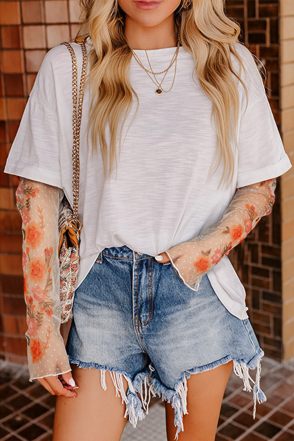 White Faux Two Piece Floral Long Sleeve Patchwork Tee