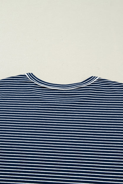 Blue Stripe Drop Shoulder Round Neck Long Sleeve Tee and Buttoned Shorts 2pcs Lounge Set
