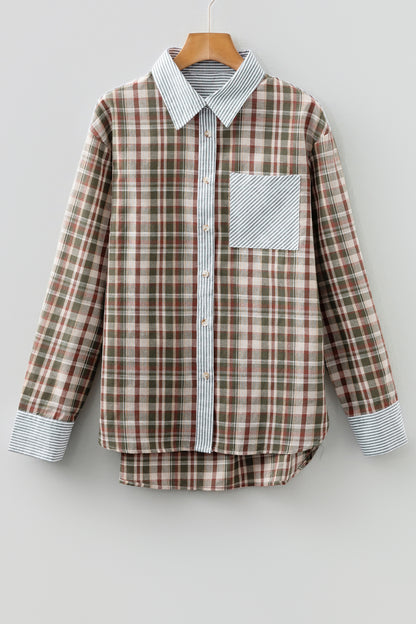 Brown Plaid Print Striped Patchwork Single Chest Pocket Buttoned Shirt