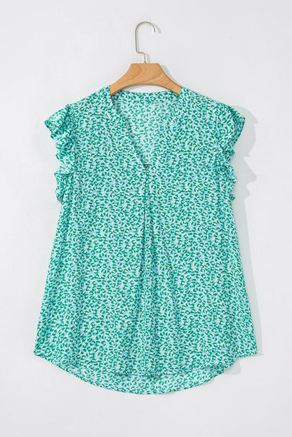 Green Notched V Neck Leopard Ruffle Short Sleeve Blouse