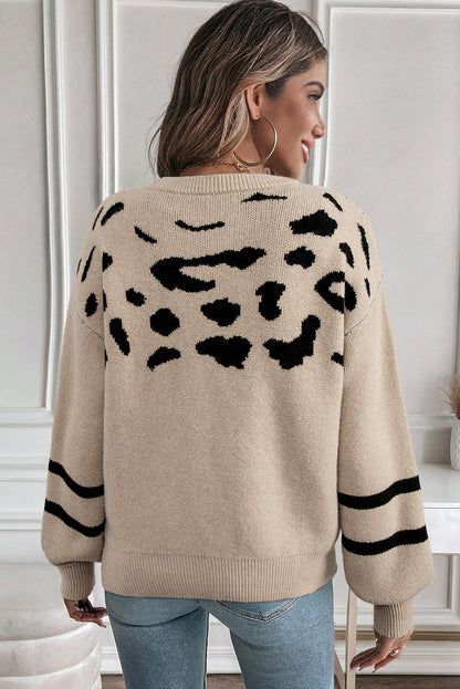 Khaki Leopard Striped Detail Drop Shoulder Sweater