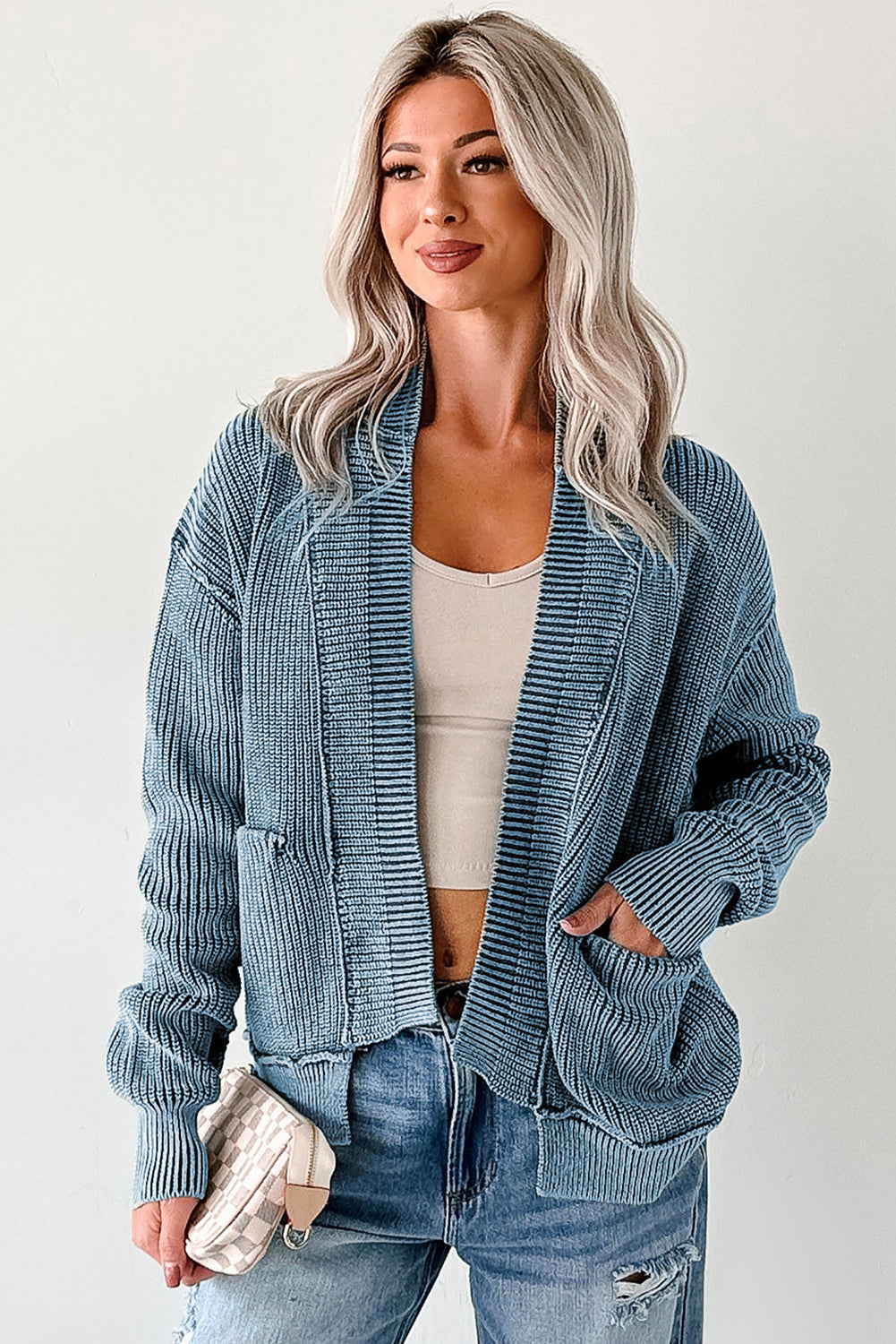 Evergreen Mineral Wash Exposed Seam Patchwork Knit Open Sweater Cardigan