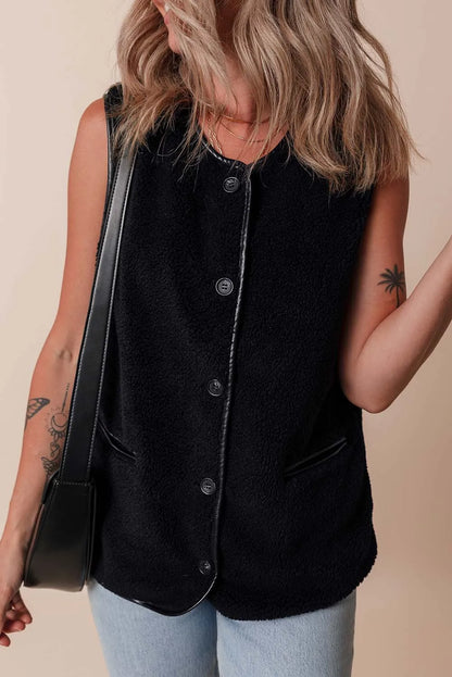 Black Leather Contrast Side Pockets Buttoned Fleece Vest - Chic Meadow Boutique 