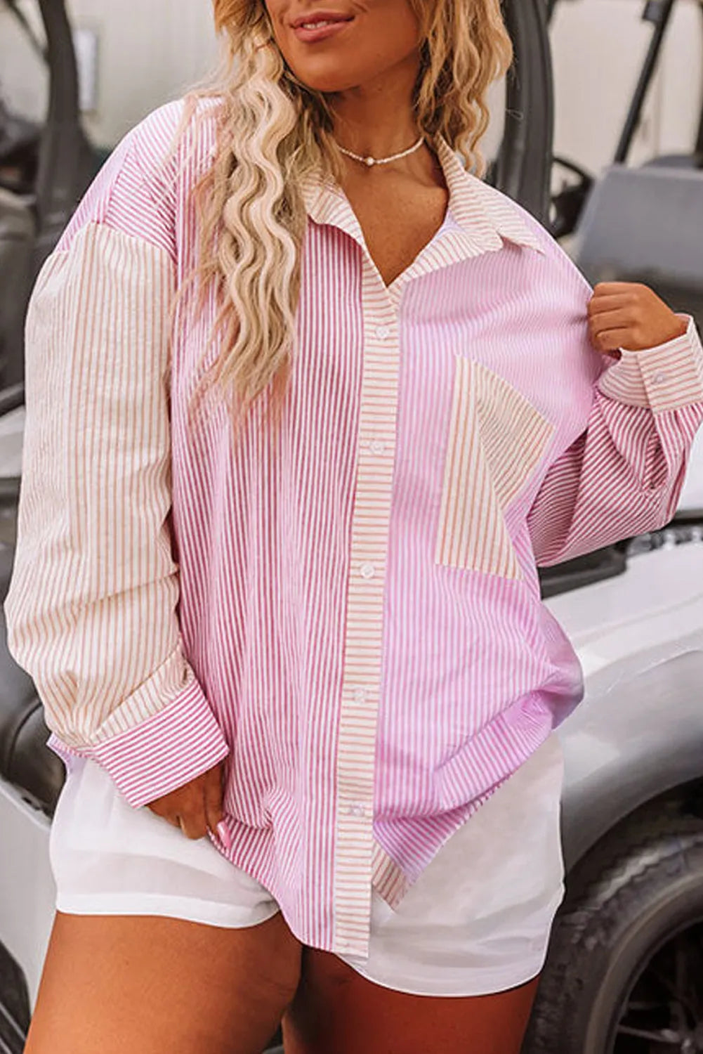 Pink Stripe Print Colorblock Plus Size Shirt - Chic Meadow Boutique 