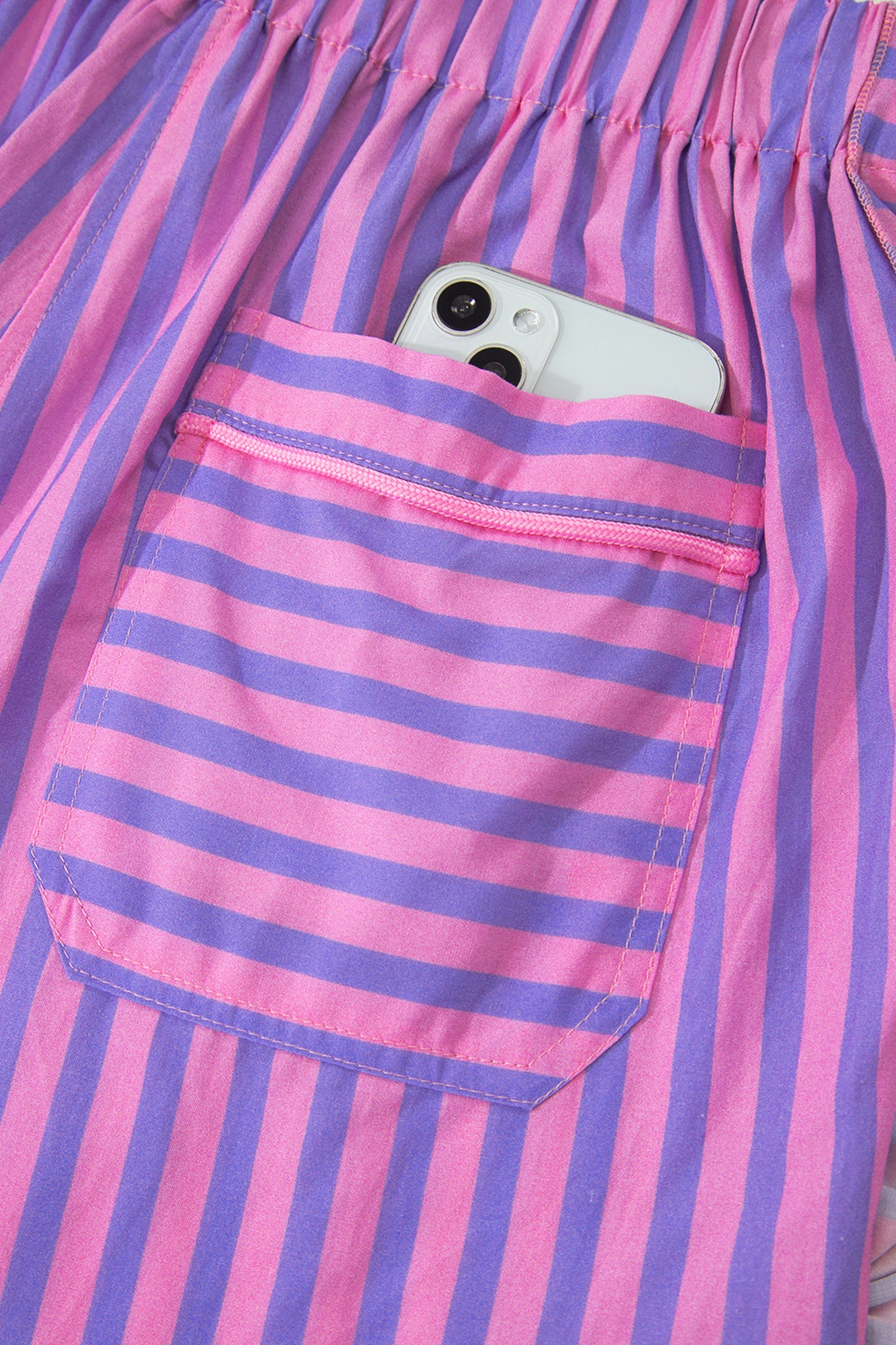 Rose Stripe Elastic Waist Ruffle Trim Casual Shorts