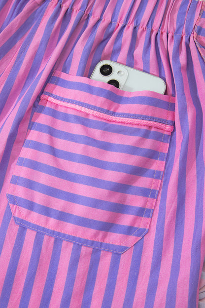 Rose Stripe Elastic Waist Ruffle Trim Casual Shorts