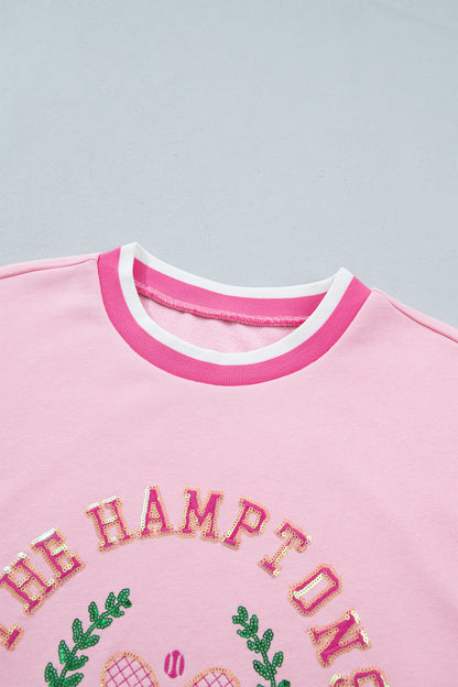Pink Embroidered Tennis Club Crew Neck Pullover Sweatshirt