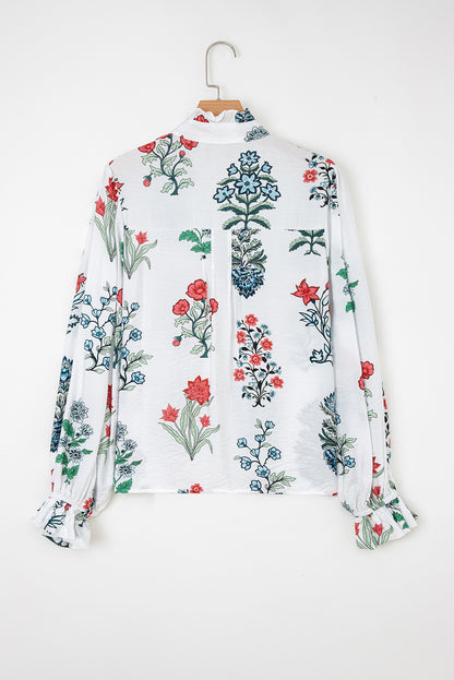 White Floral Print Frilled Collar V Neck Button Down Long Sleeve Shirt